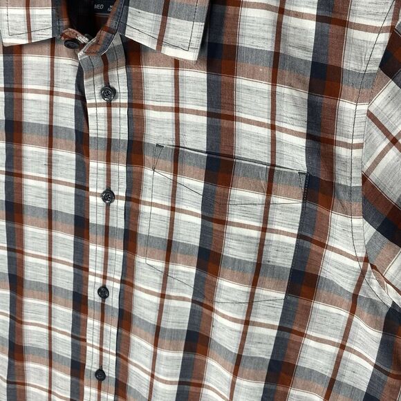 Prana Mens MEDIUM Rust Gray Plaid Short Sleeve Button Down Shirt - Picture 3 of 7